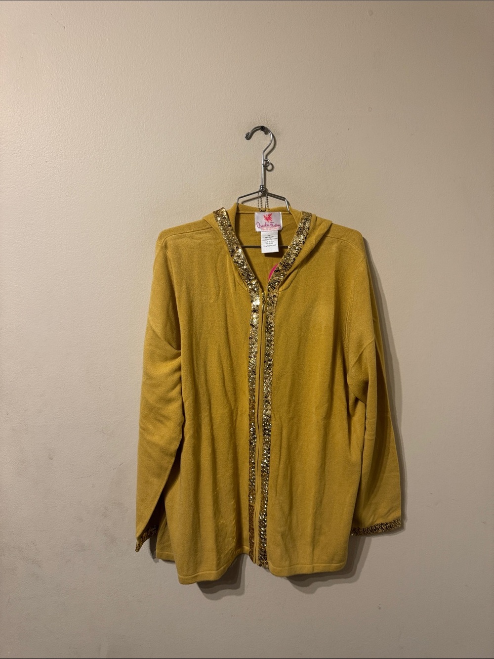 Quaker factory mustard gold sequin trim full zip hooded Cardigan Sweater 1X NEW